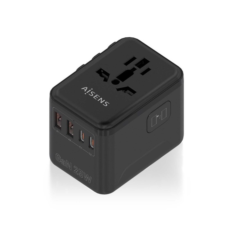 adaptador aisens enchufe universal viaje cargador usb gan 25w negro