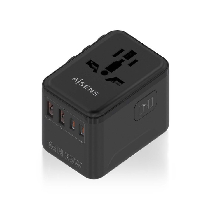 adaptador aisens enchufe universal viaje cargador usb gan 25w negro
