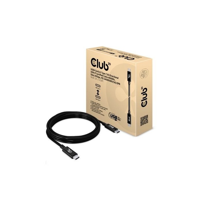 cable club3d certificado usb4 80g gen3.2 tipo-c 2m usb-if 8k60hz datos 40g pd 240w(48v 5a) epr m m 2
