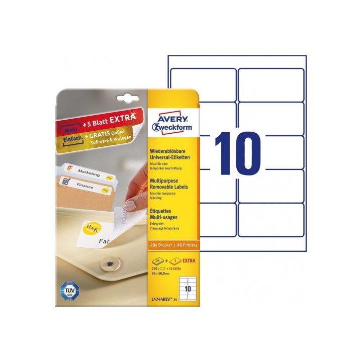 avery paquete 25 hojas etiquetas despegables ecologicas, certificadas fsc impresoras laser 96x 50,8