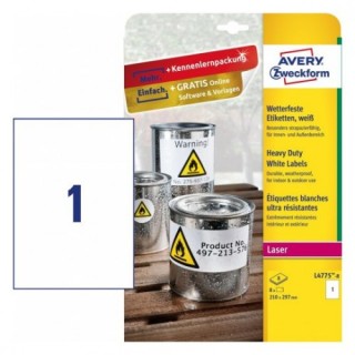 avery paquete 8 hojas etiquetas de poliester blanco impresoras laser 210x297 mm avery l4775 8