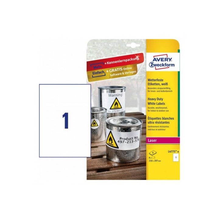 avery paquete 8 hojas etiquetas de poliester blanco impresoras laser 210x297 mm avery l4775 8