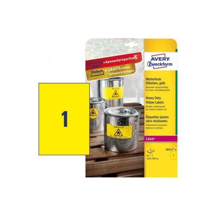 avery paquete 8 hojas etiquetas amarillas de poliester impresoras laser 210 x 297 mm avery l6111 8