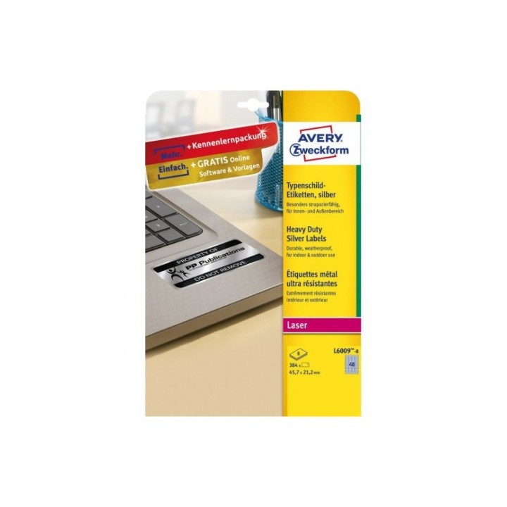 avery paquete 8 hojas etiquetas plateadas de poliester impresoras laser 45,7x21,2 mm avery l6009 8