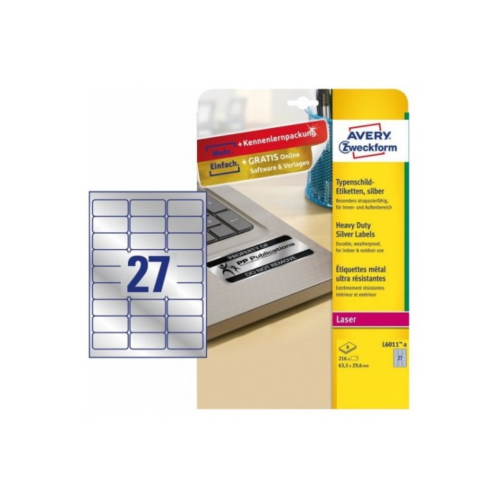avery paquete 8 hojas etiquetas plateadas de poliester impresoras laser 63,5x29,6 mm avery l6011 8