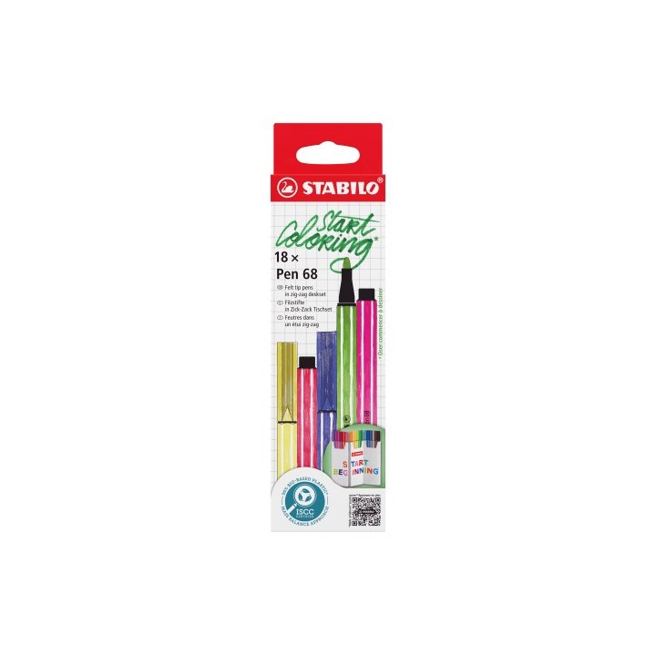 stabilo estuche carton zig zag rotuladores punta fibra media 1mm. pen 68 con 18 unidades colores sur
