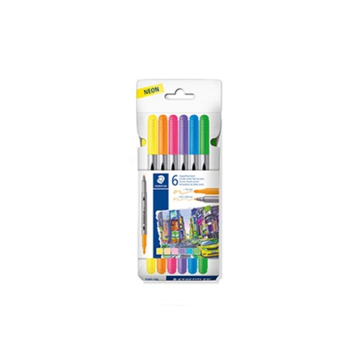 staedtler estuche carton con 6 rotuladores doble punta colores neon staedtler 3200 c6f