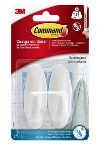3m command blister 2 ganchos adhesivos medianos hasta 1,3kg blanco para bano command 17081b 3m 71001
