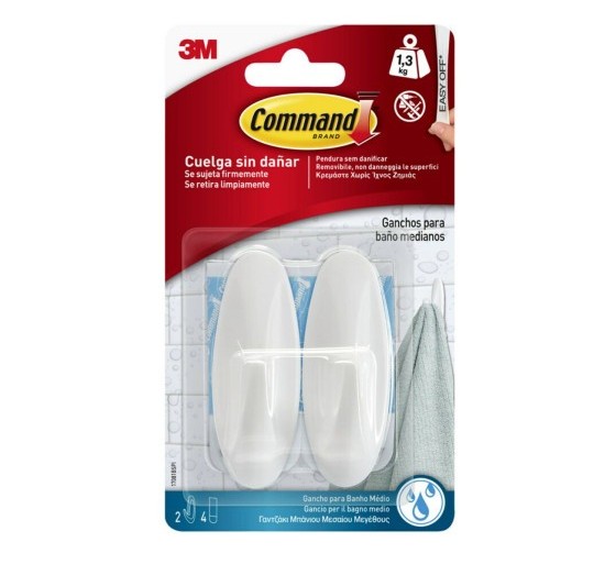 3m command blister 2 ganchos adhesivos medianos hasta 1,3kg blanco para bano command 17081b 3m 71001