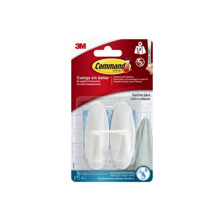 3m command blister 2 ganchos adhesivos medianos hasta 1,3kg blanco para bano command 17081b 3m 71001