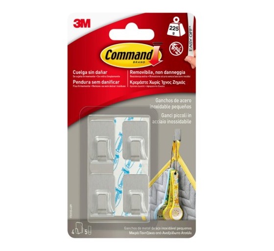 3m command blister 4 ganchos adhesivos acero inoxidable pequenos hasta 225g command 17031ss 3m 71001