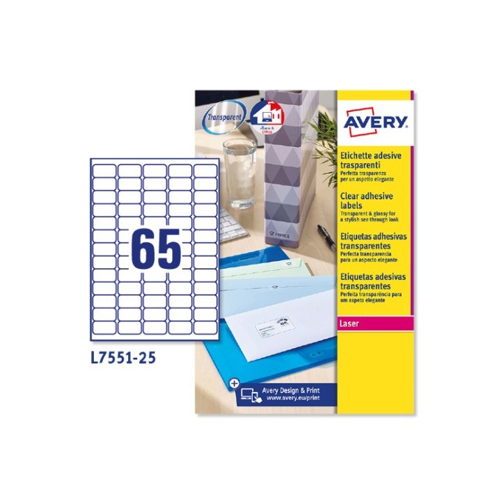 avery paquete 25 hojas mini etiquetas transparentes impresoras laser 38,1x21,2 mm avery l7551 25