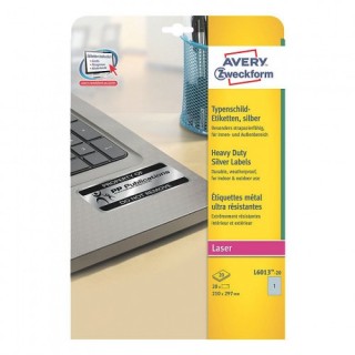 avery paquete 20 hojas etiquetas plateadas de poliester impresoras laser 210x297 mm avery l6013 20