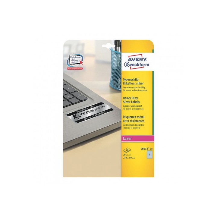 avery paquete 20 hojas etiquetas plateadas de poliester impresoras laser 210x297 mm avery l6013 20