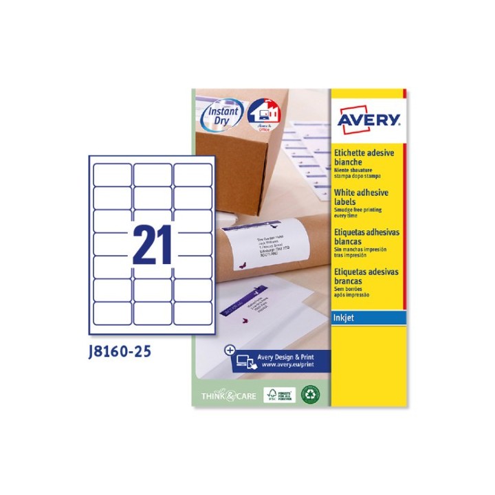 avery paquete 25 hojas etiquetas blancas quick dry impresoras de inyeccion de tinta 63,5x38,1 mm ave