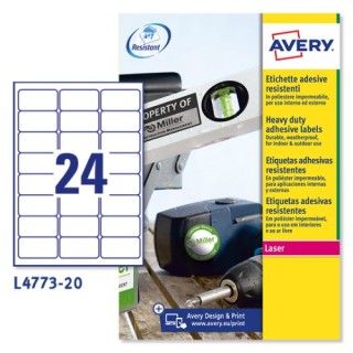 avery paquete 20 hojas etiquetas de poliester blanco impresoras laser 63,5x33,9 mm avery l4773 20