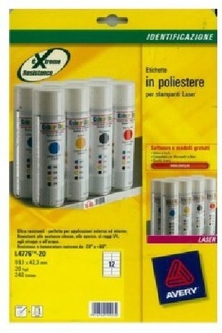 avery paquete 20 hojas etiquetas de poliester blanco impresoras laser 99,1x42,3 mm avery l4776 20
