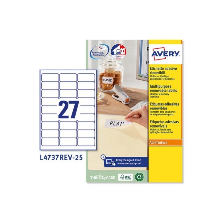 avery paquete 25 hojas etiquetas despegables ecologicas, certificadas fsc impresoras laser 63,5x29,6