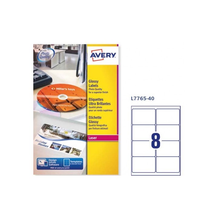 avery caja de 40 hojas  8 etiqxhoja  etiquetas blancas brillantes 99,1x67,7mm avery l7765 40