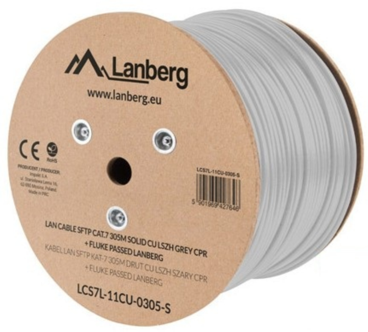 bobina cable red lanberg sftp rj45 cat.7 solido cu awg23 lszh cpr 305m gris flu
