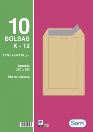 sam paquetes de 10 bolsas kraft, con tira de silicona tamano 250x353 90 grs. sam 665101