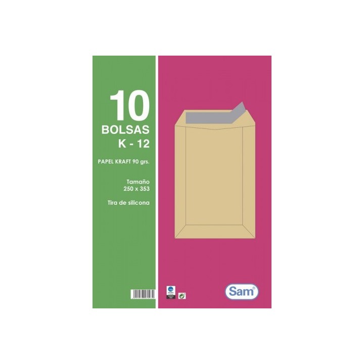 sam paquetes de 10 bolsas kraft, con tira de silicona tamano 250x353 90 grs. sam 665101