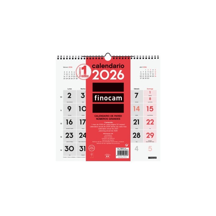 finocam calendario 2026 neutro pared numeros grandes 300x300mm finocam 780570026
