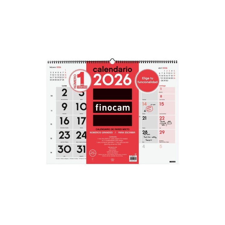 finocam calendario 2026 neutro pared mixto xl 540x420mm finocam 780020026