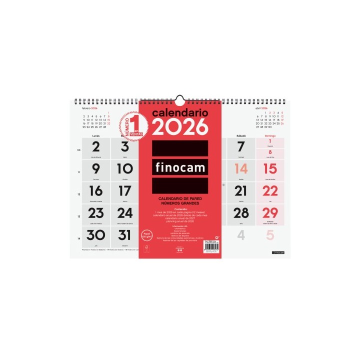 finocam calendario 2026 neutro pared numeros grandes l 430x310mm finocam 780010026