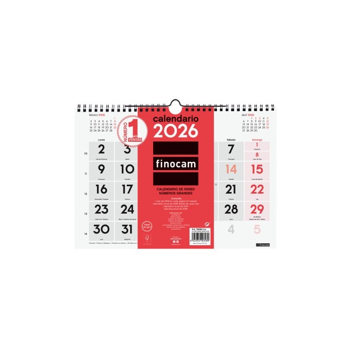 finocam calendario 2026 neutro pared numeros grandes m 300x210mm finocam 780000026