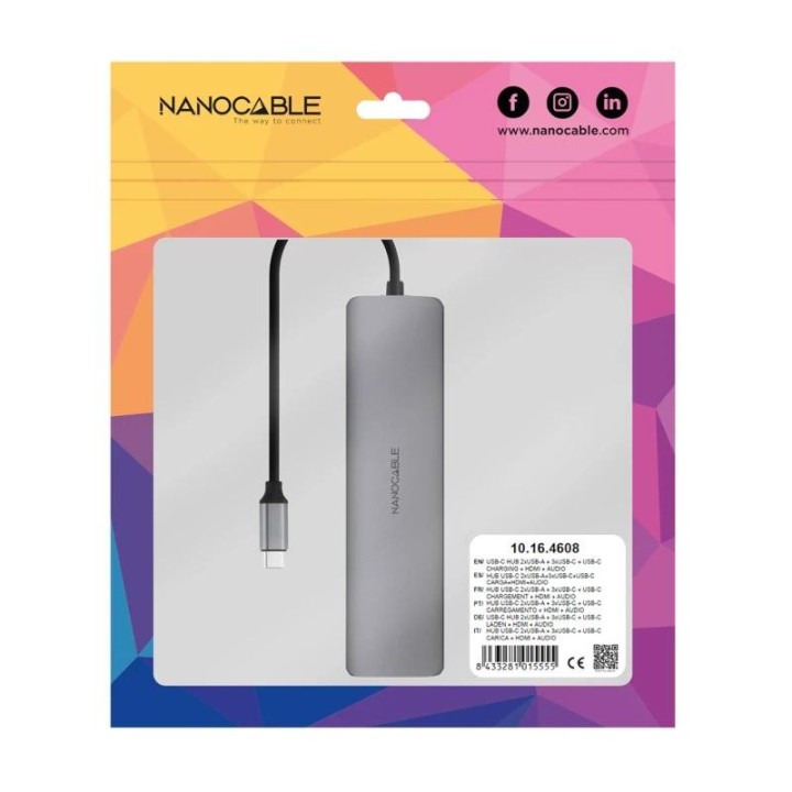 nanocable hub 8en1 usb a+usb c+hdmi+usb c pd+jack