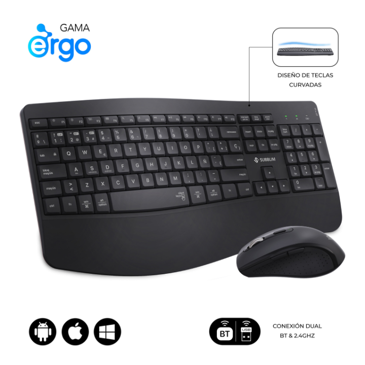 combo teclado raton subblim prowave ergo inalambrico negro