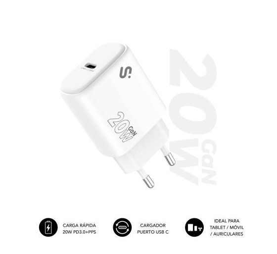 subblim subblim cargador usb c gan 20w , power delivery 3.0 & pps, enchufe rapido para iphone 16 12,