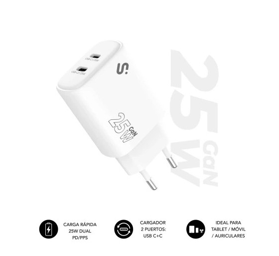 subblim subblim cargador gan 25w charger usb c+c