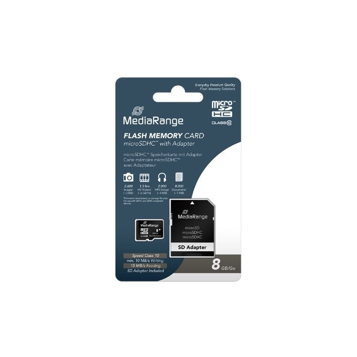 mem micro sdhc 8gb mediarange + adaptador sd lectura 15mbs escritura 10mbs