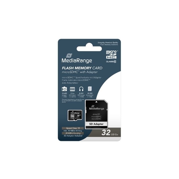 mem micro sdhc 32gb mediarange + adaptador sd lectura 45mbs escritura 10mbs