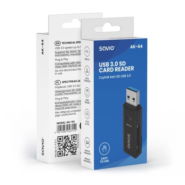 lector de tarjetas sd   usb 3.0 negro savio ak 64 hasta 5 gbps compatible con micro sd y sd