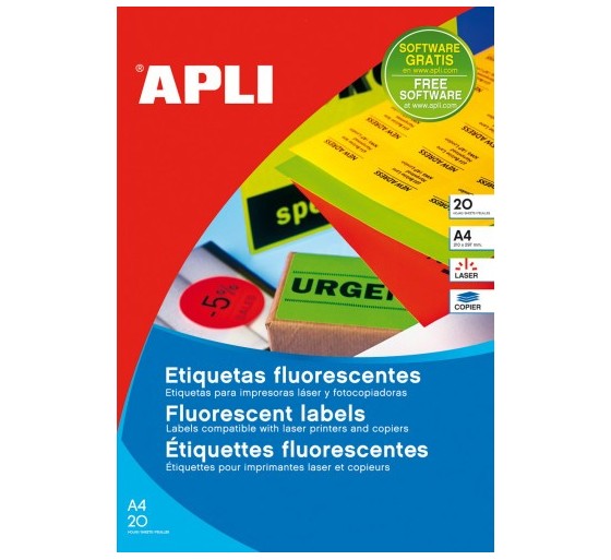 apli pack 20 hojas  20ud. etiquetas naranja fluorescente permanentes 210,0 x 297,0 mm apli 2879