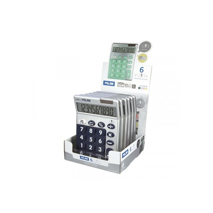 milan expositor 6 calculadoras 10 digitos silver colores surtidos milan 159906sl
