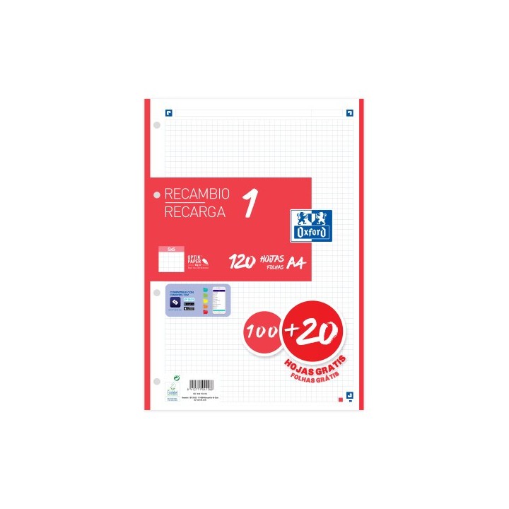 oxford recambio color 1 a4  100+20 hojas 5x5 rojo 90grs oxford 400158162