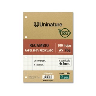 grafoplas recambio reciclado a5 100 hojas 90gr cuadricula 4x4 mm con taladros uninature 53393400