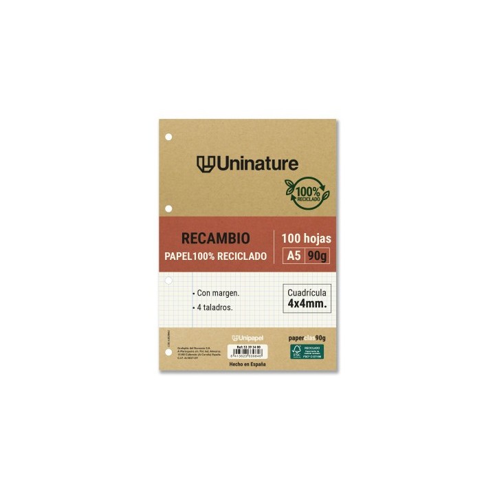 grafoplas recambio reciclado a5 100 hojas 90gr cuadricula 4x4 mm con taladros uninature 53393400