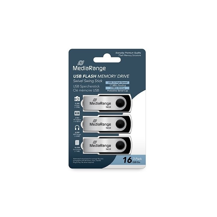 pendrive 16gb usb 2.0 mediarange 3 pack lectura 17mbs escritura 6mbs