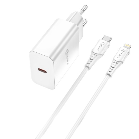 qcharx international kit cargador qcharx chronos 3a 20w + cable tipo c a lightning blanco