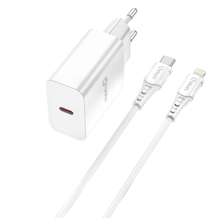 qcharx international kit cargador qcharx chronos 3a 20w + cable tipo c a lightning blanco