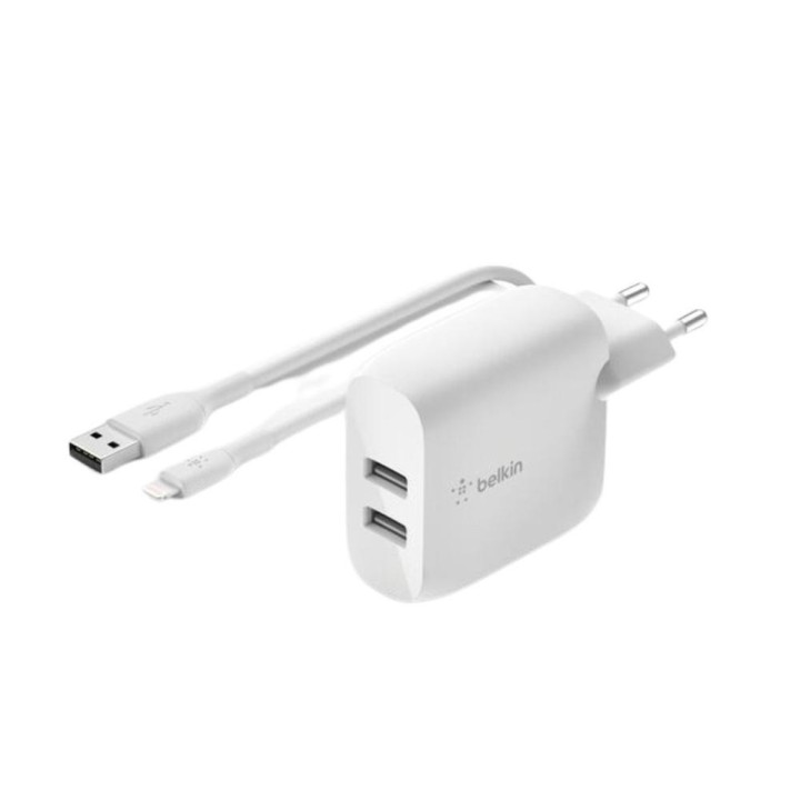 belkin cargador belkin wcd001vf1mwh 24w 2x usb tpo a + cable lightning a usb tipo a 1m