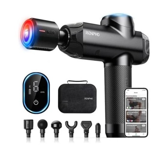 renpho renpho power+   massage gun   6 massage heads & 6 speeds   ble   12mm amplitude   black, conn