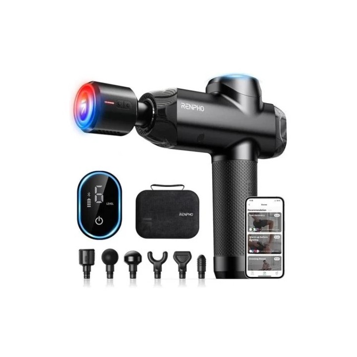 renpho renpho power+   massage gun   6 massage heads & 6 speeds   ble   12mm amplitude   black, conn
