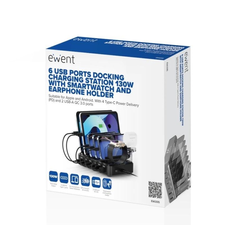 ewent estacion de carga 6 usb 130w reloj auric