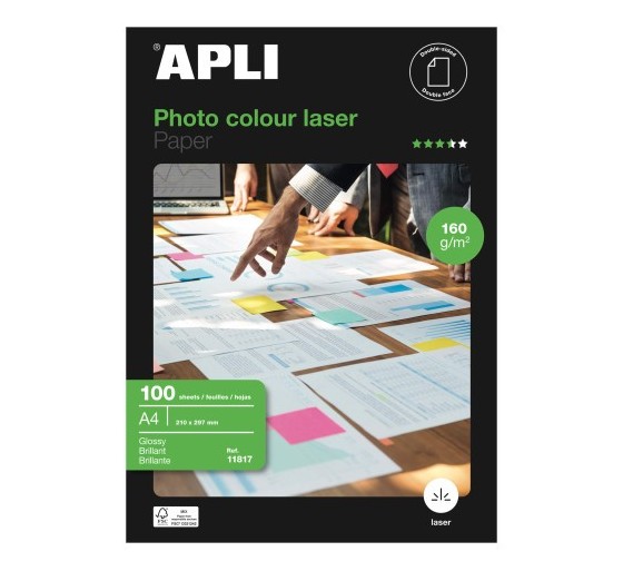 apli paquete 100 hojas papel foto colour laser a4 160g. apli 11817